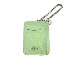 Coach CDQ15 Zip Card Case Patent Leather Debossed Signature Wallet Pale Green